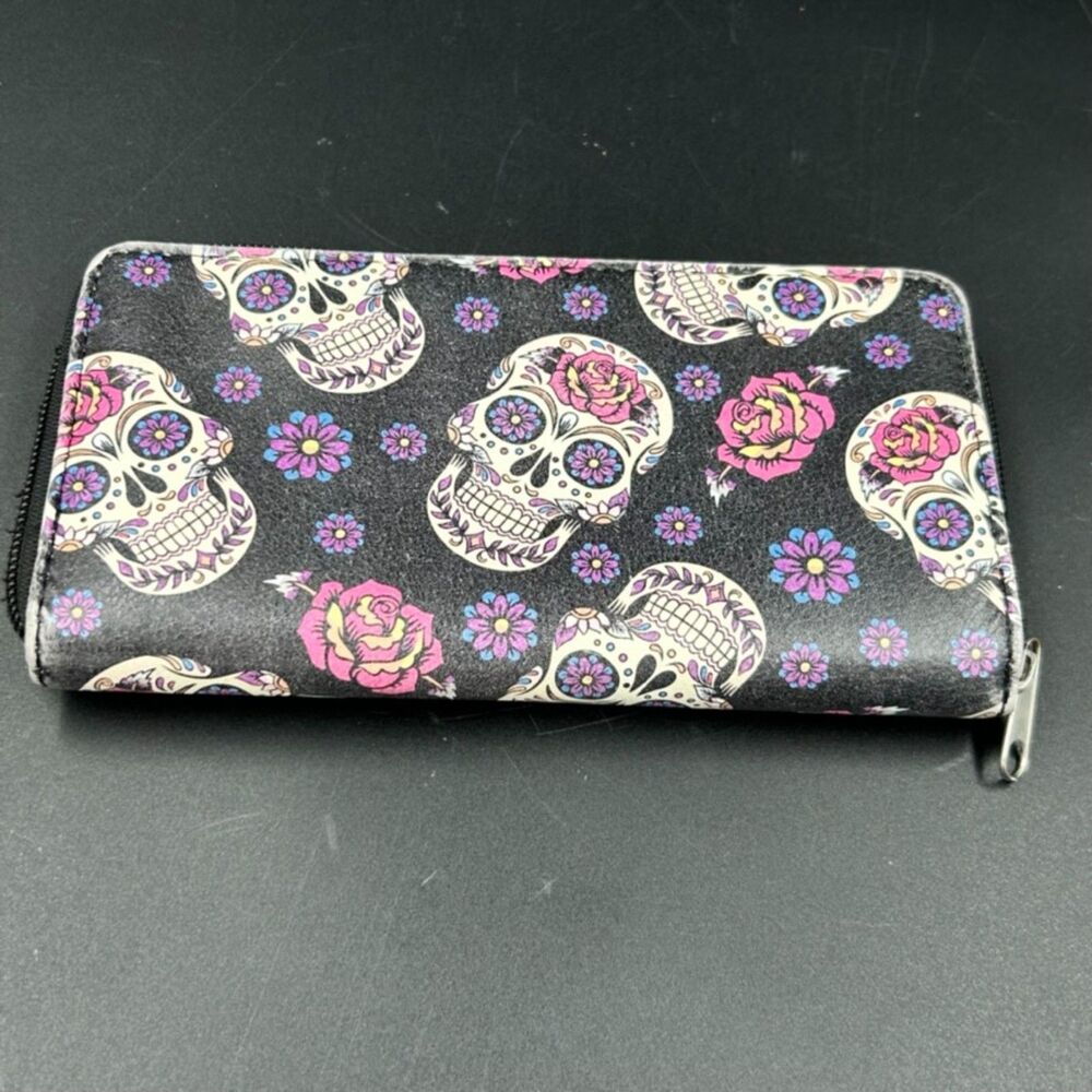 Sugar Skull Zip Around Wallet Faux Leather